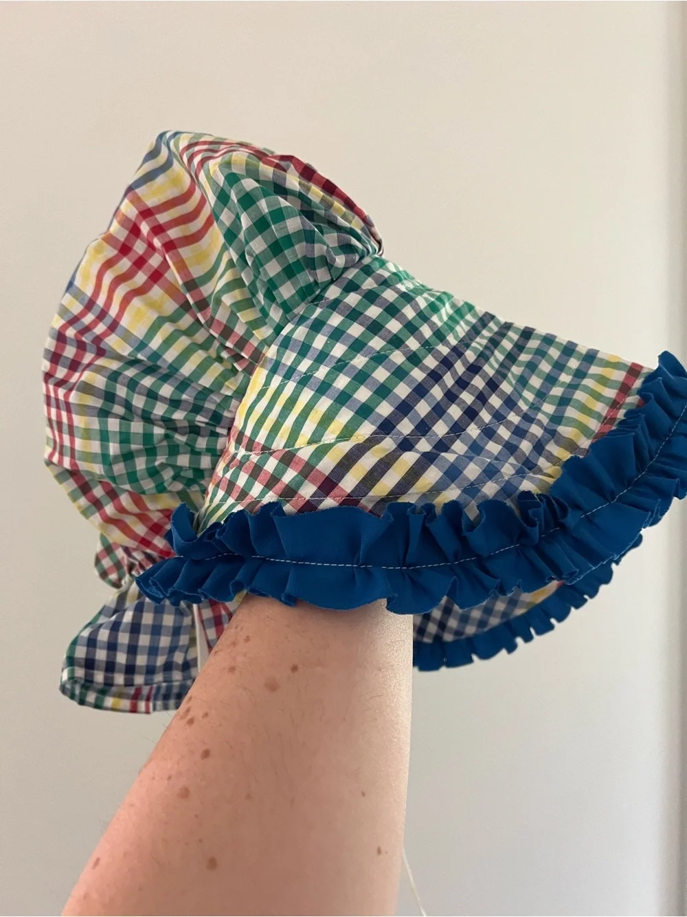 Vintage Appalachian Multicolor Gingham Bonnet with Blue Ruffle Trim
